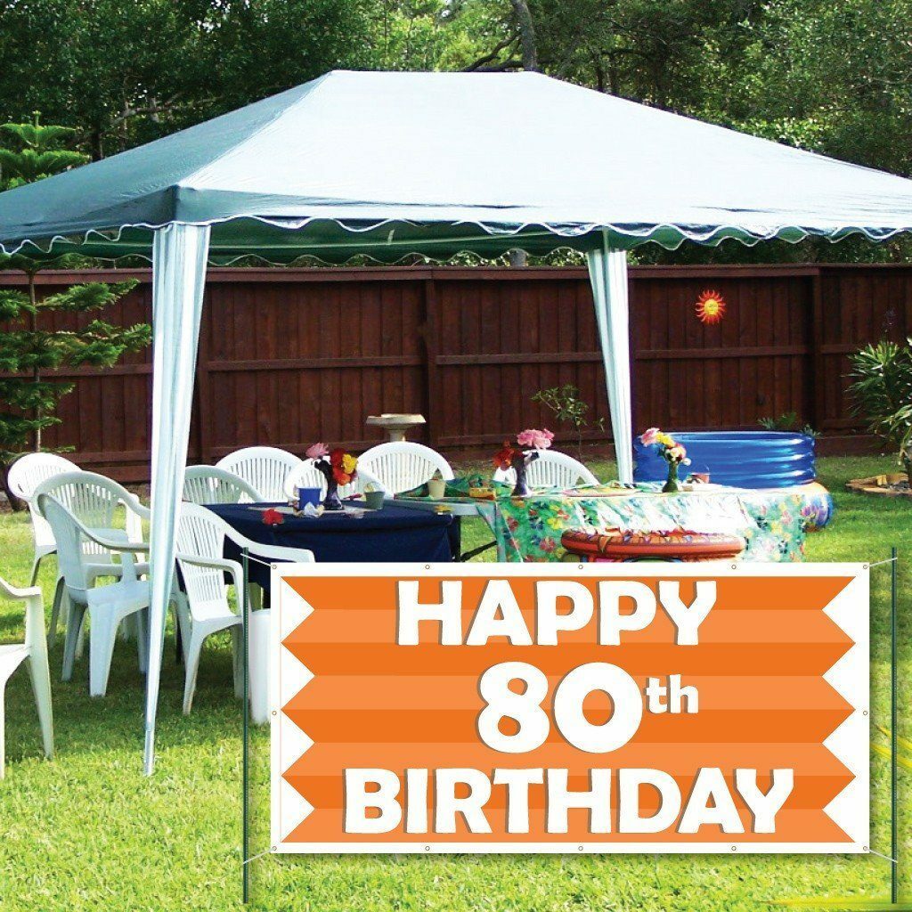 Happy 80th Birthday Orange Stripes 2&rsquo;x4&prime; Vinyl Banner, Grommets Every 2 Feet