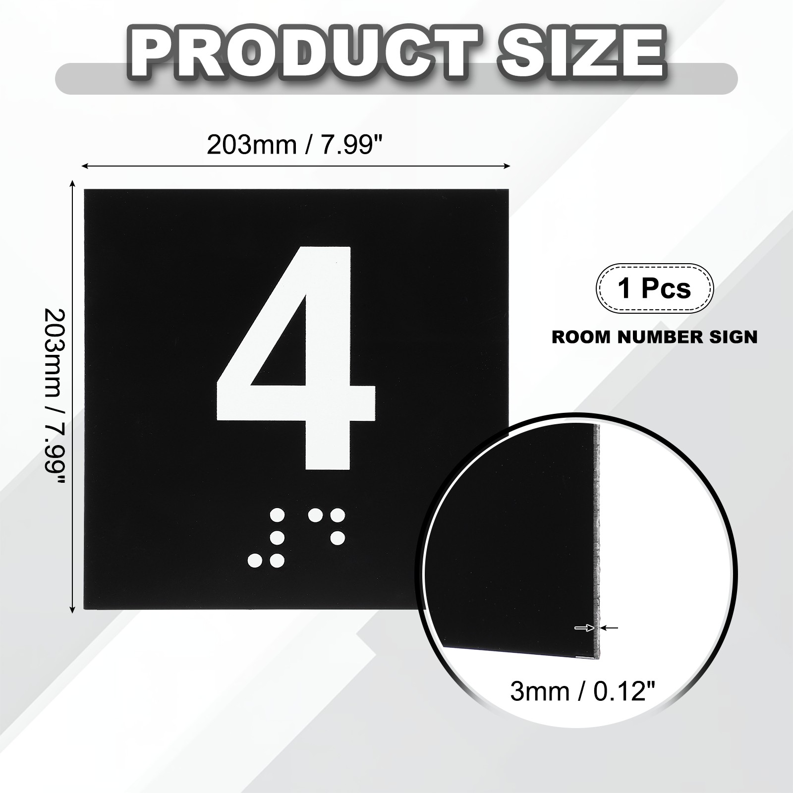 Exam Room Number Sign, 8&Prime; x 8&Prime; Number 4 Sign with Braille, White on Black