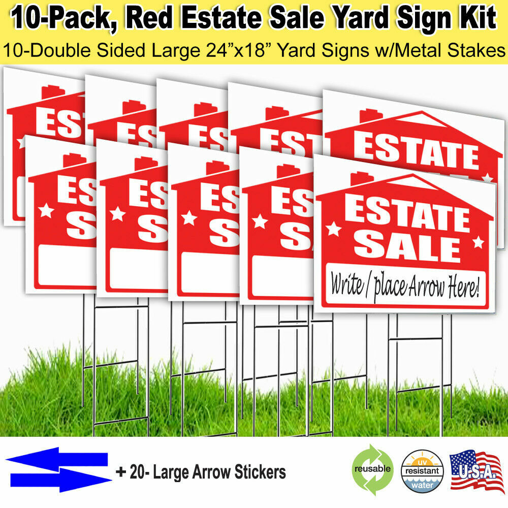 10 Pack &lsquo;ESTATE SALE&rsquo; 18×24 Yard / Lawn Sign Kits