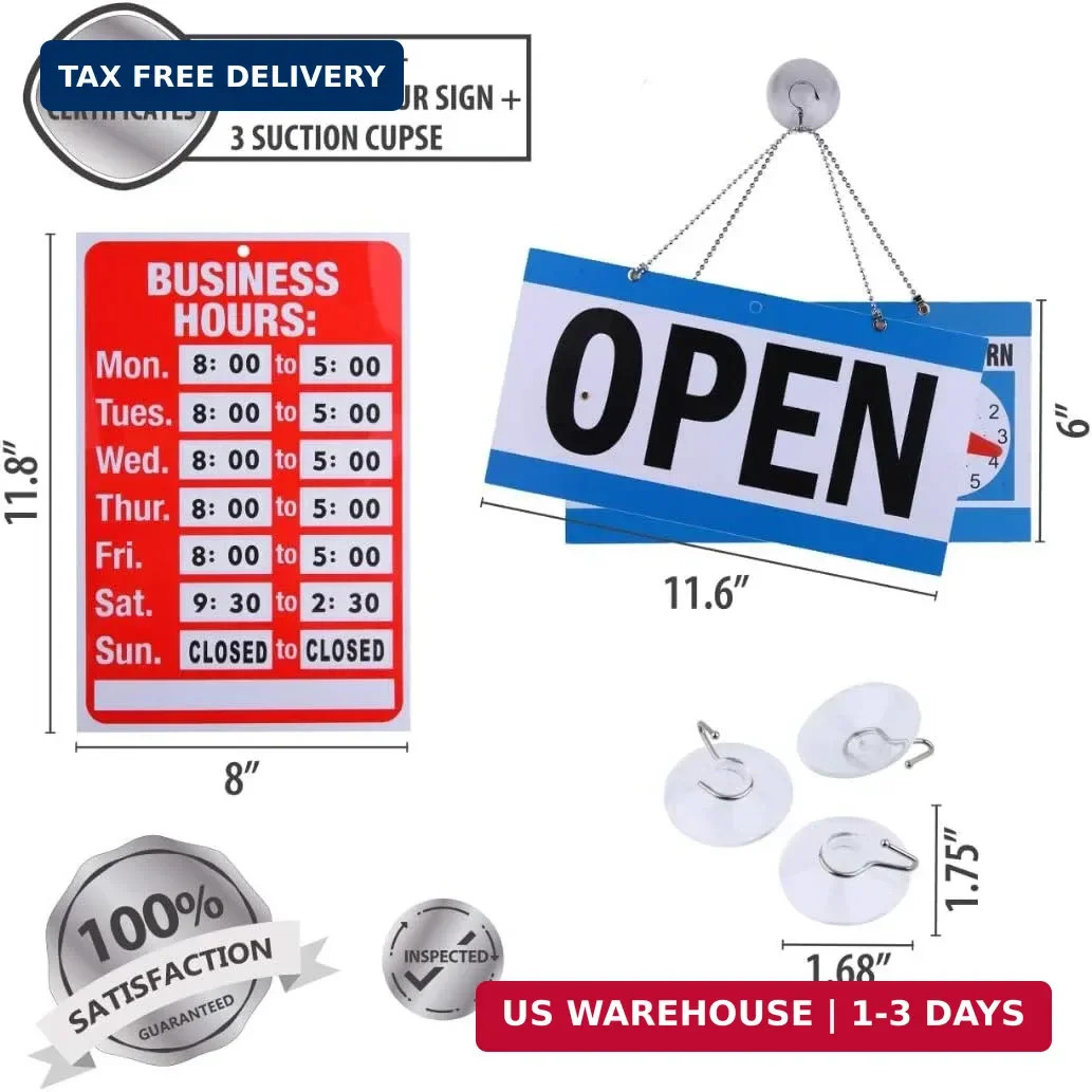 Open Signs for Business, Bundle of Office Hours Sign Will Return Clock with Suct