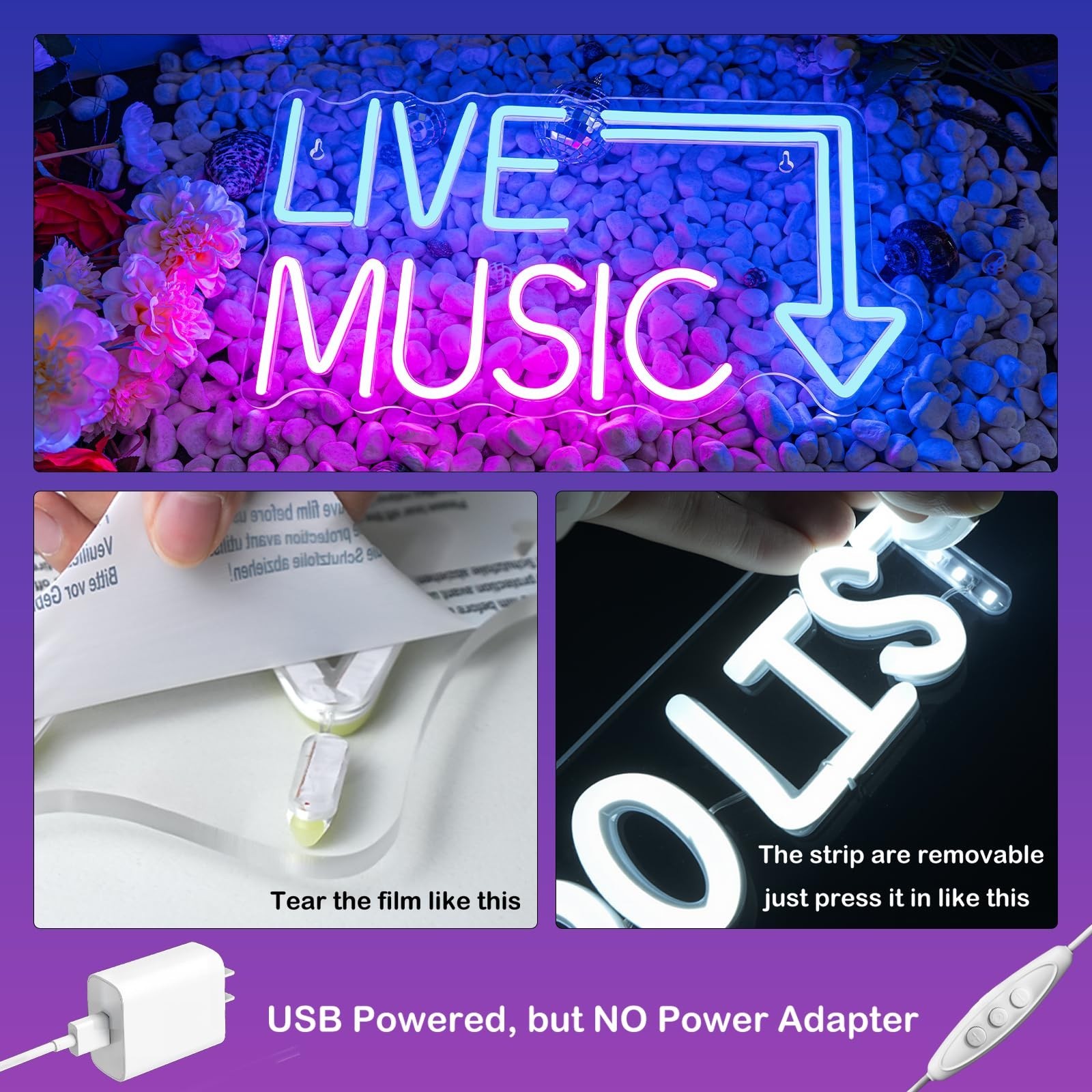 Live Music Neon Sign LED Neon Sign Large Blue and Pink Words for Music Studio…