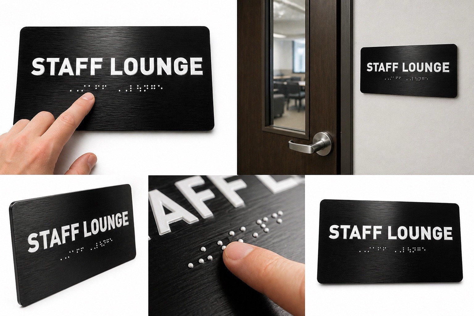 ADA Staff Lounge Sign 7×4 Braille Tactile Door Sign Black Brushed Aluminum