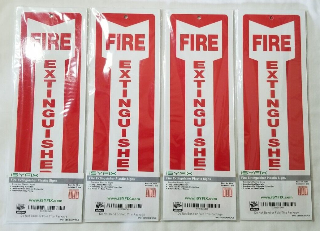 4 Packs 12 Signs Isyfix Plastic Fire Extinguisher Sign 4×12 Hanging Screw Mount
