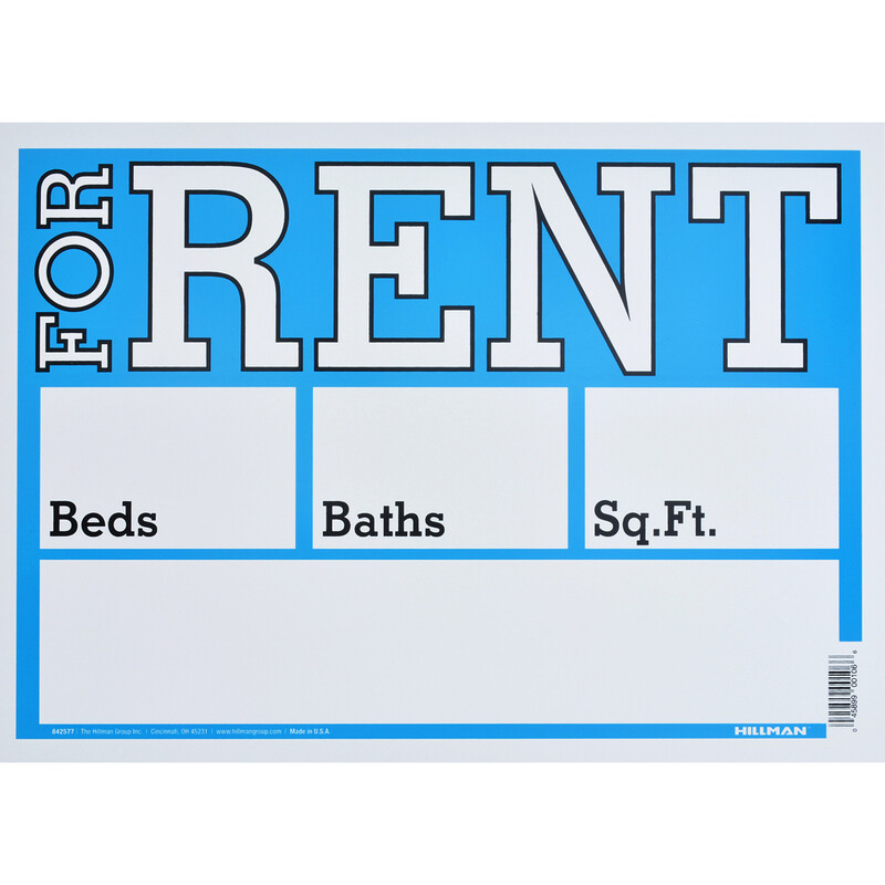 Hillman 842577 Blue/White English for Rent Sign 10 H x 14 W in. (Pack of 6)