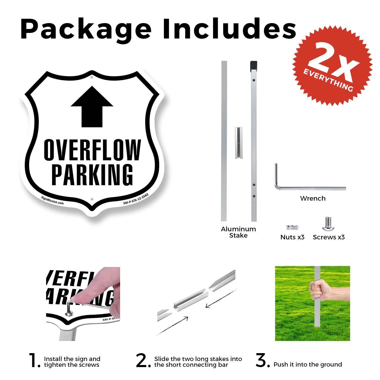 Overflow Parking Up Shield Shaped Sign With Stake Crafted in the USA