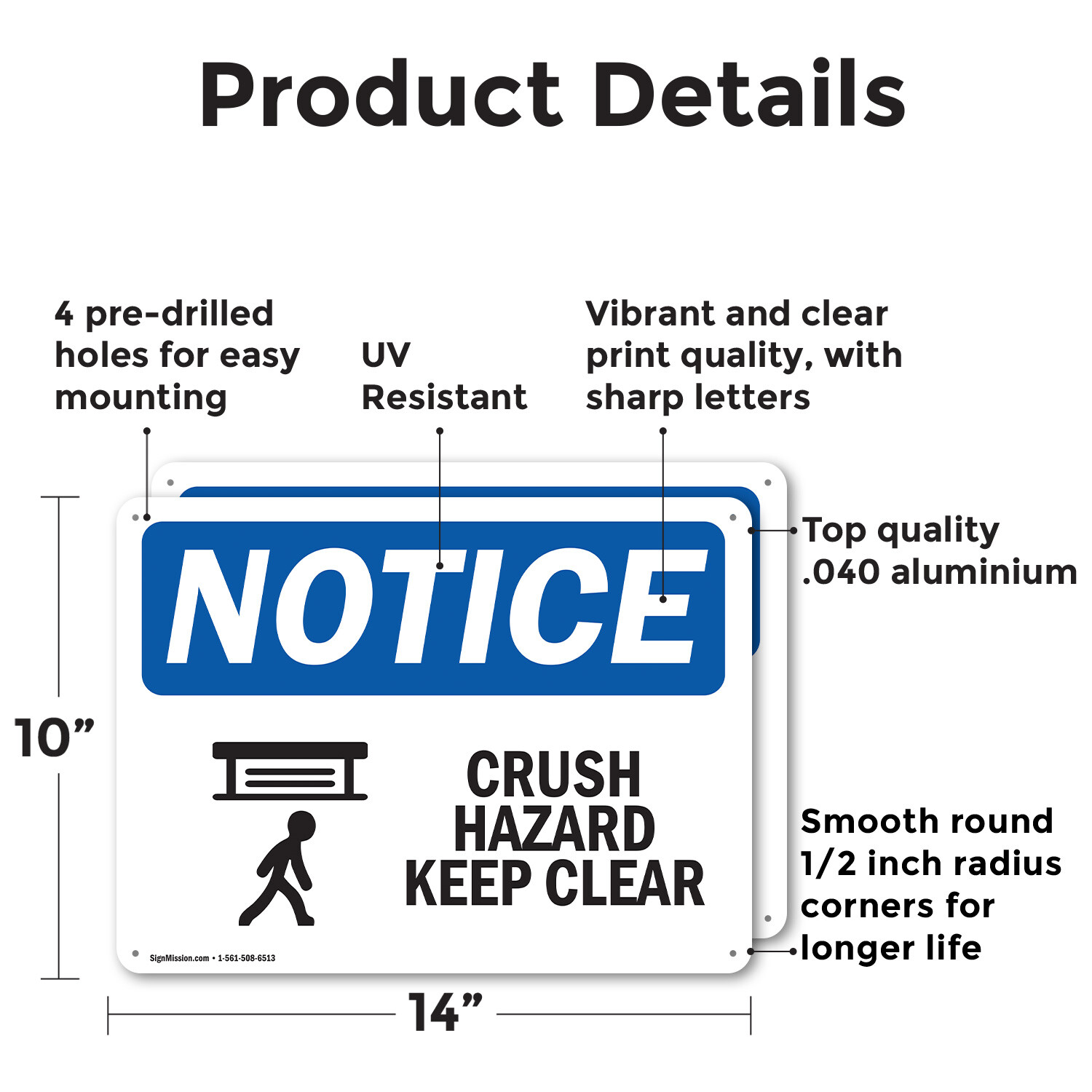 (2 Pack) Crush Hazard Keep Clear OSHA Notice Sign Decal Metal Plastic