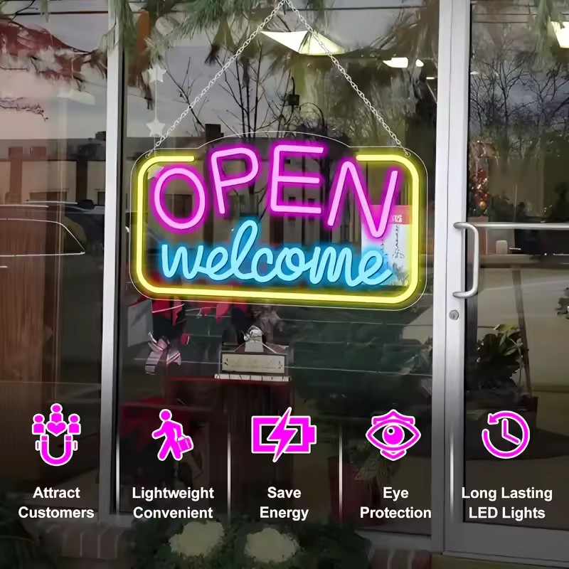 USB Powered Vibrant Multicolor LED Neon « OPEN WELCOME » Sign | Battery-Free with