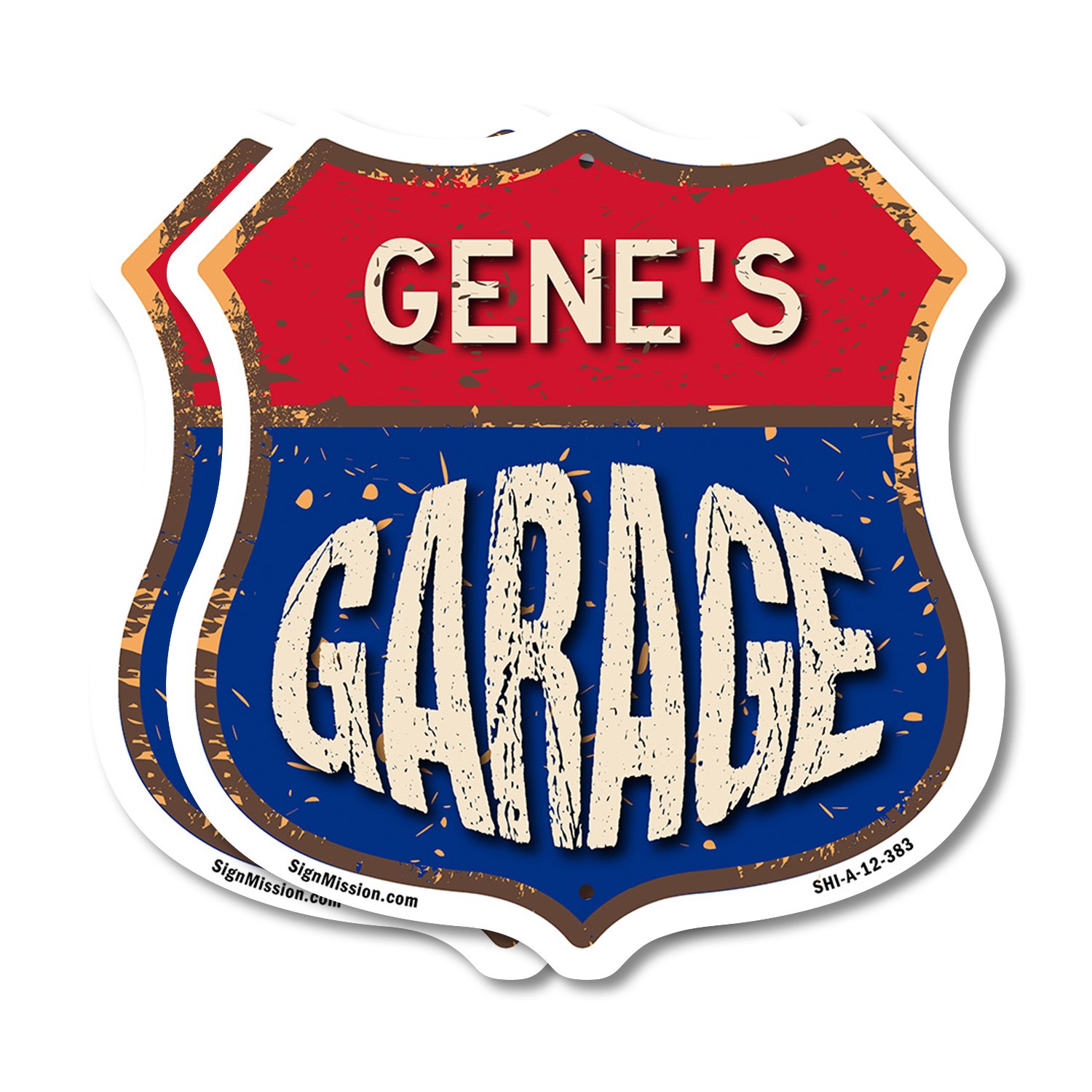 Gene&rsquo;s Garage Shield Shaped Sign Weather Resistant Crafted in the USA
