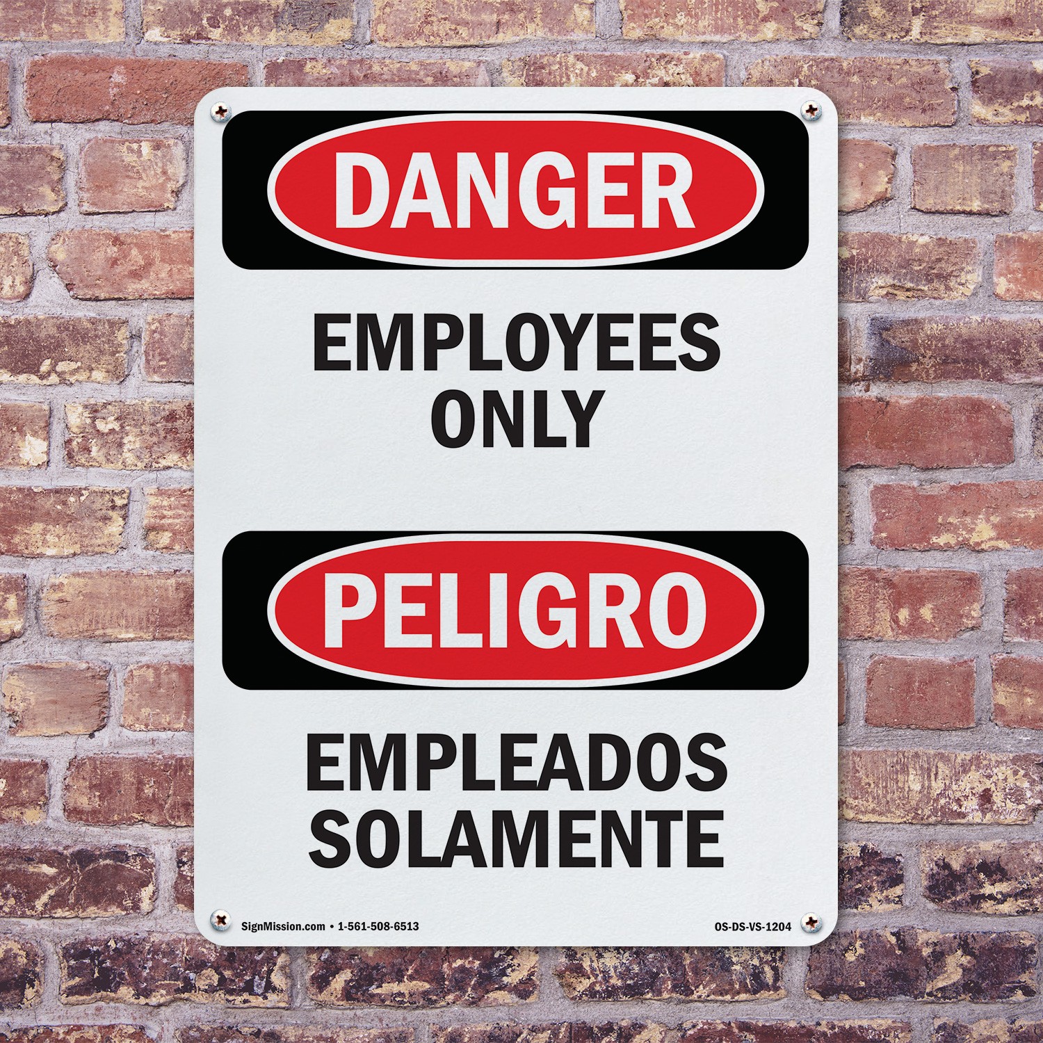 Employees Only Bilingual OSHA Danger Sign Metal, Plastic, Decal – 5 or 10 Pack