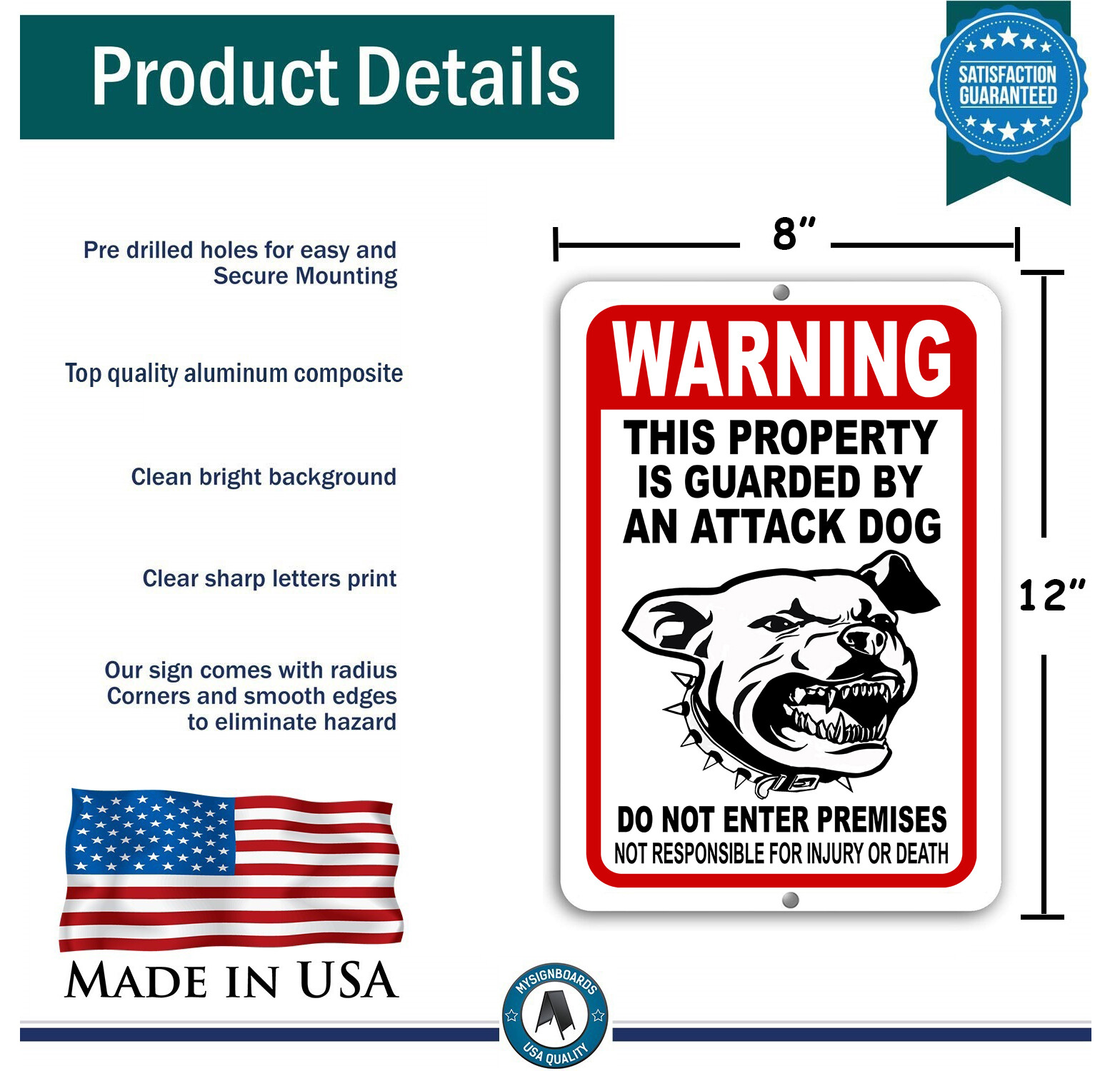 BEWARE OF DOG Sign Attack Dog on Duty Guard Dog 8&Prime;x 12&Prime; Aluminum Metal Warning