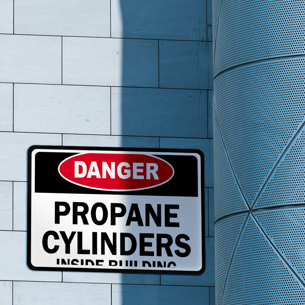 Horizontal Metal Sign Danger Propane Cylinders Inside Building Flammable White