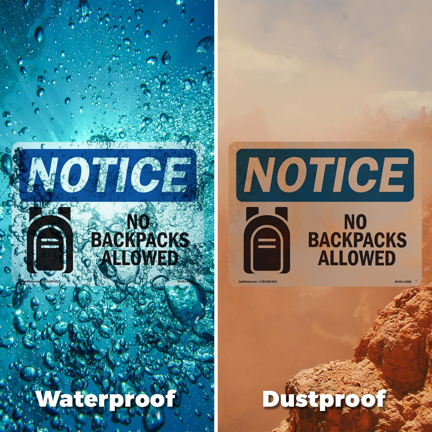 No Backpacks Allowed OSHA Notice Sign Metal, Plastic, Or Decal – 5 or 10 Pack