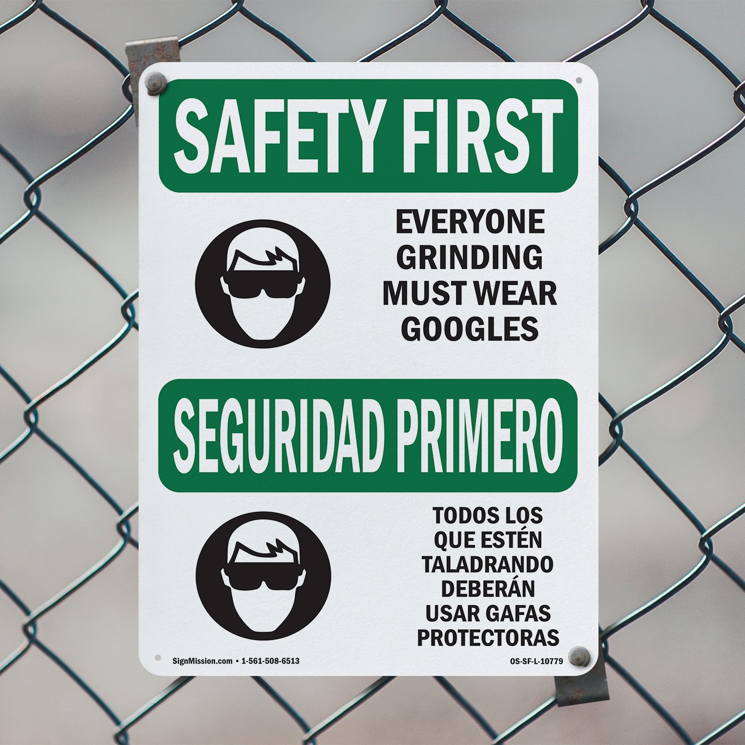 Everyone Grinding Bilingual OSHA SAFETY FIRST Sign Metal, Decal – 5 or 10 Pack