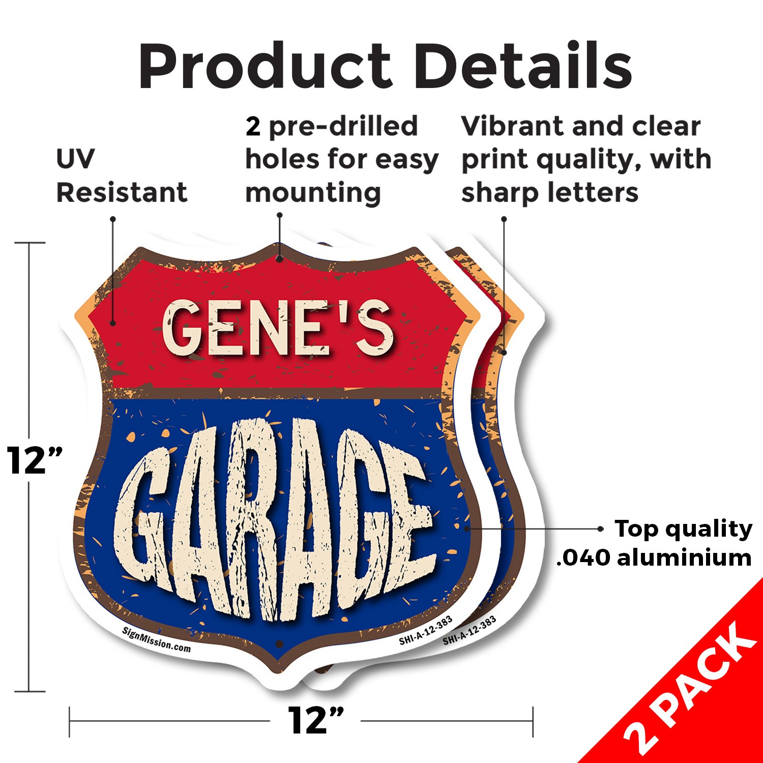 Gene&rsquo;s Garage Shield Shaped Sign Weather Resistant Crafted in the USA