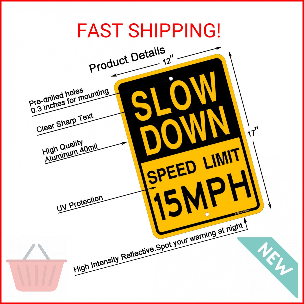 Joffreg Slow Down Speed Limit 15 MPH Sign,17 x12 Inches,Reflective Aluminum (2 P