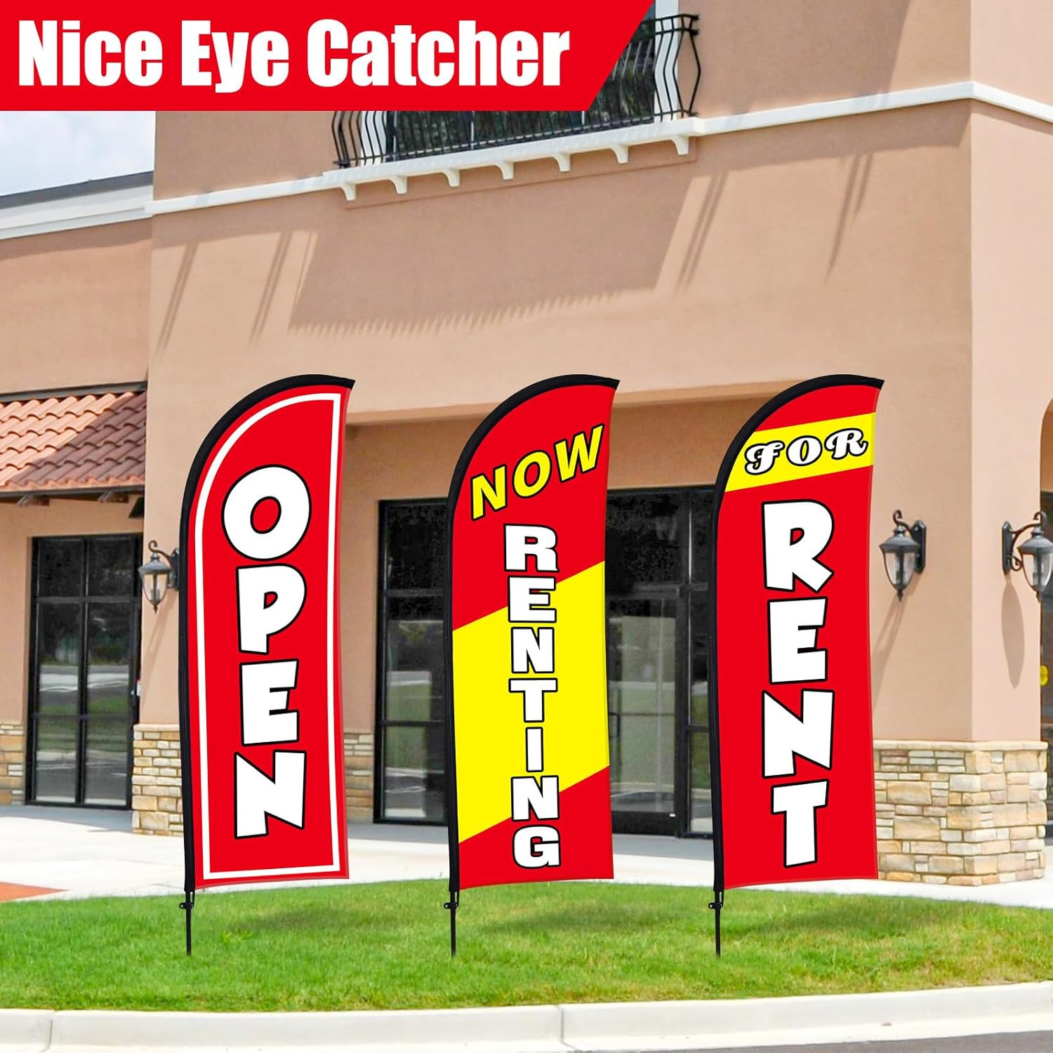 7 Ft Feather Flag Kit – « Now Renting Open » with Pole & Ground Stake (Red)