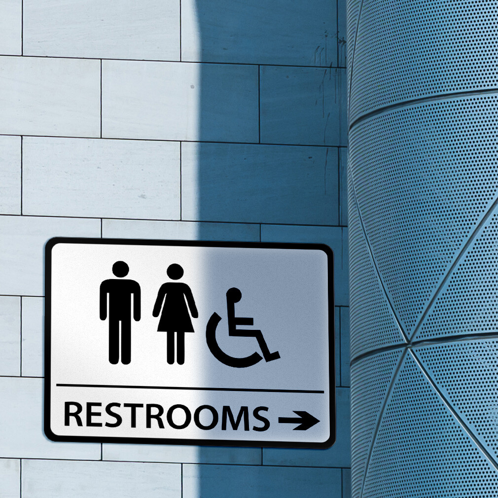 Horizontal Metal Sign Restrooms Right Directional Brushed Aluminum Left