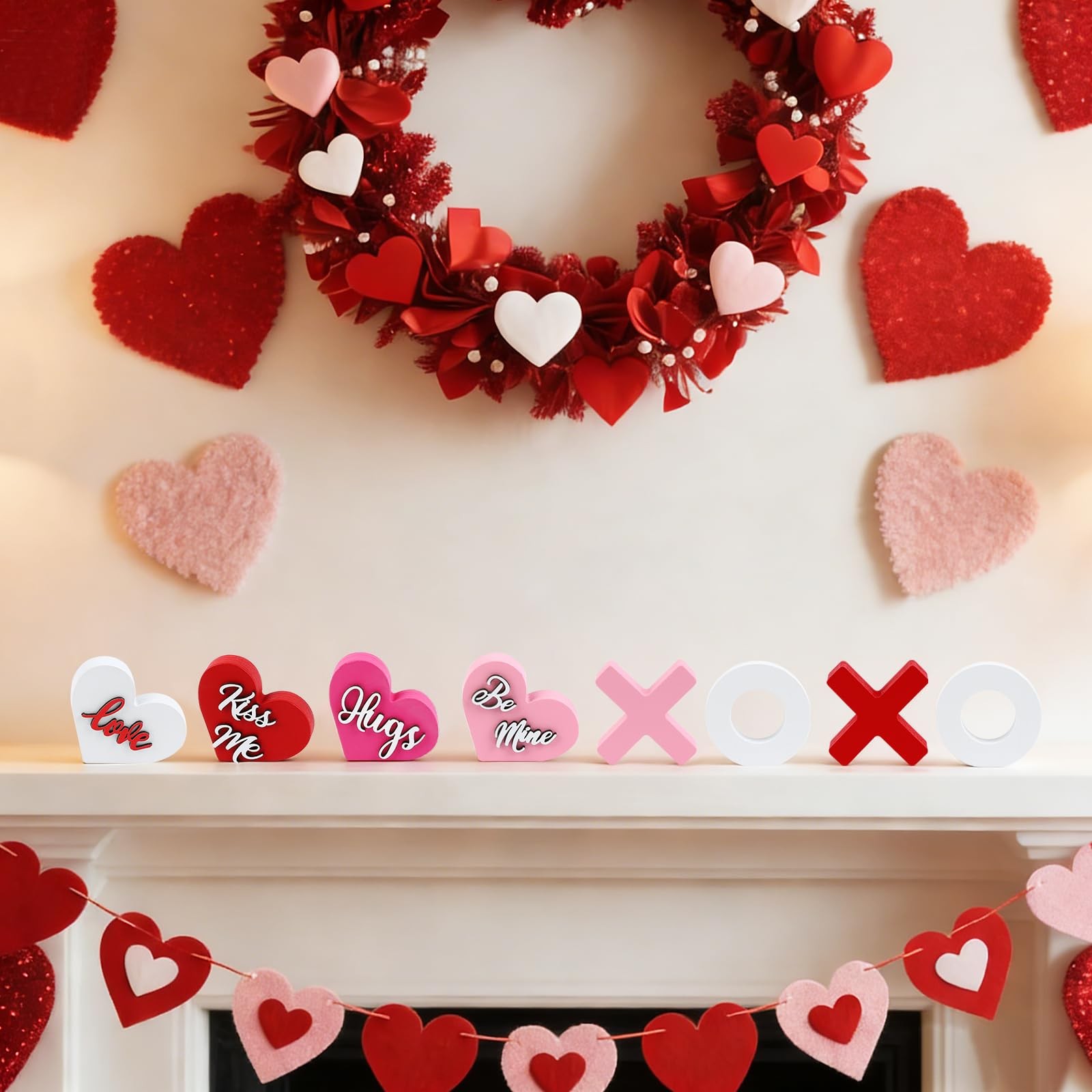 8 PCS Valentines Day Wooden Heart XOXO Table Signs Tiered Tray Decorations
