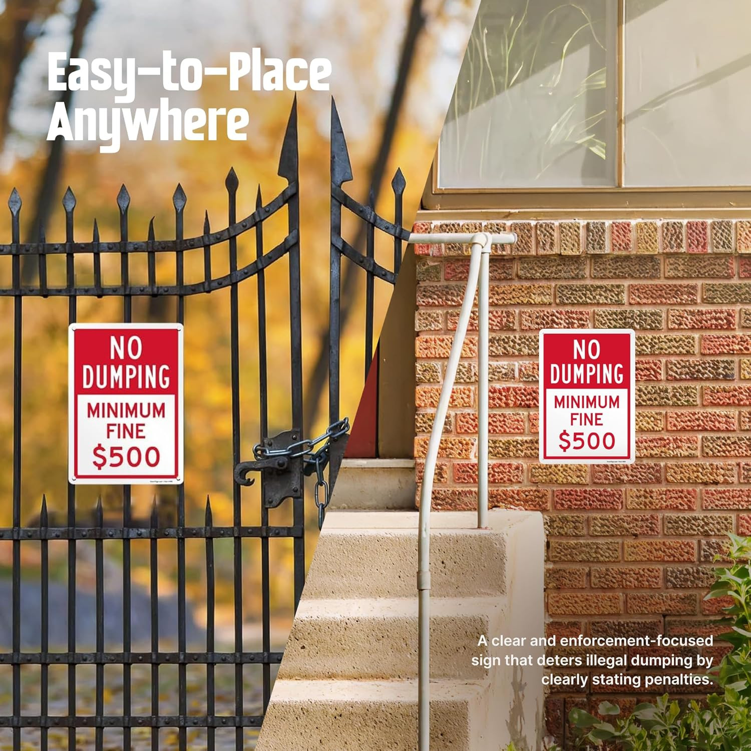 « No Dumping – Minimum Fine 500 Dollars » Metal Sign, 14 X 10 Inch, Private Proper