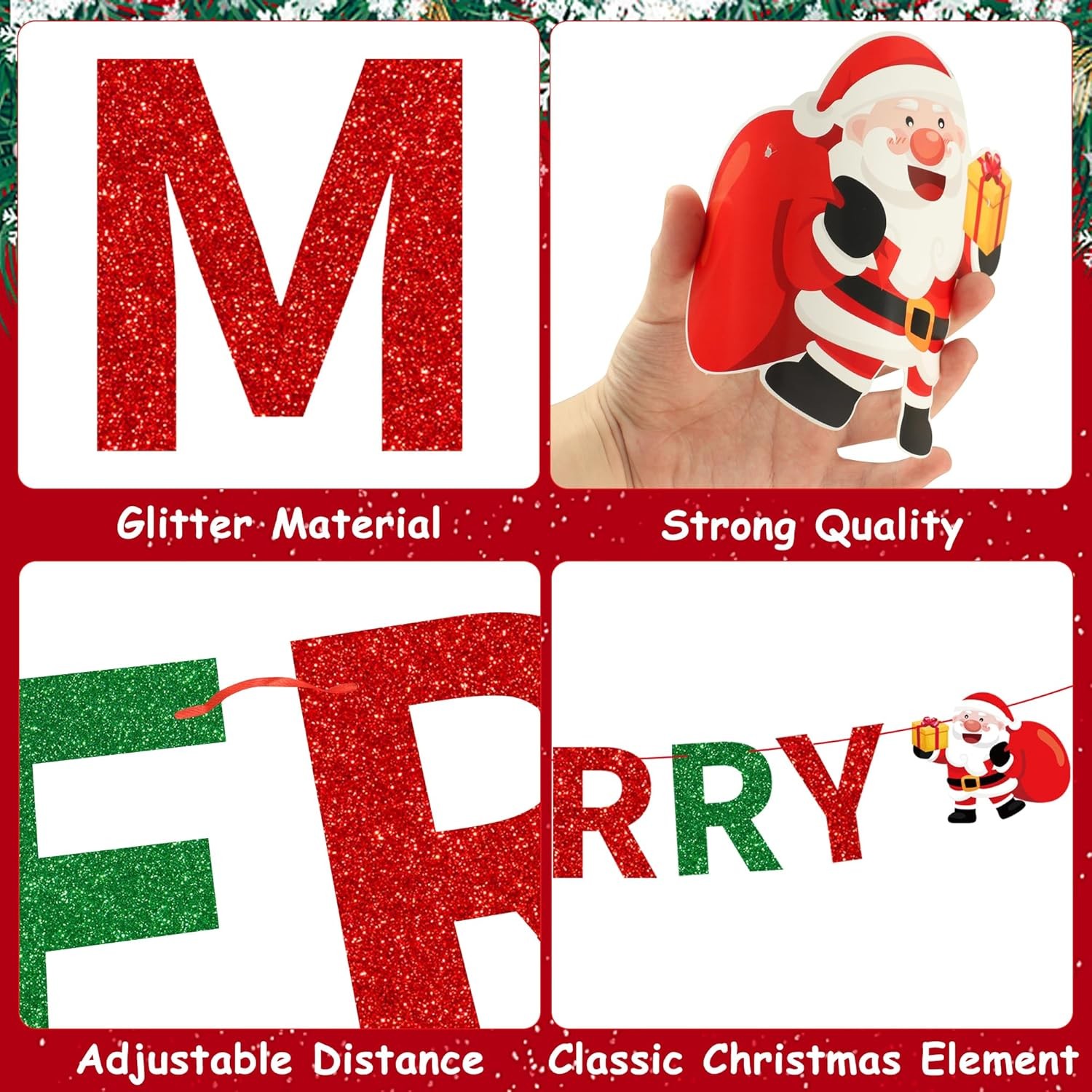 3-Pack Merry Christmas Banner Red Green Glitter Santa Garland Holiday Decor
