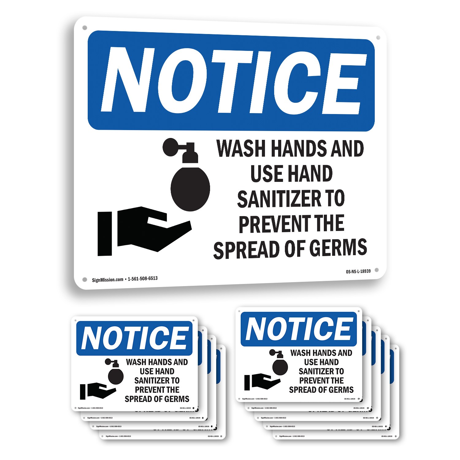 Wash Hands And Use Hand Sanitizer OSHA Notice Sign Metal, Decal – 5 or 10 Pack