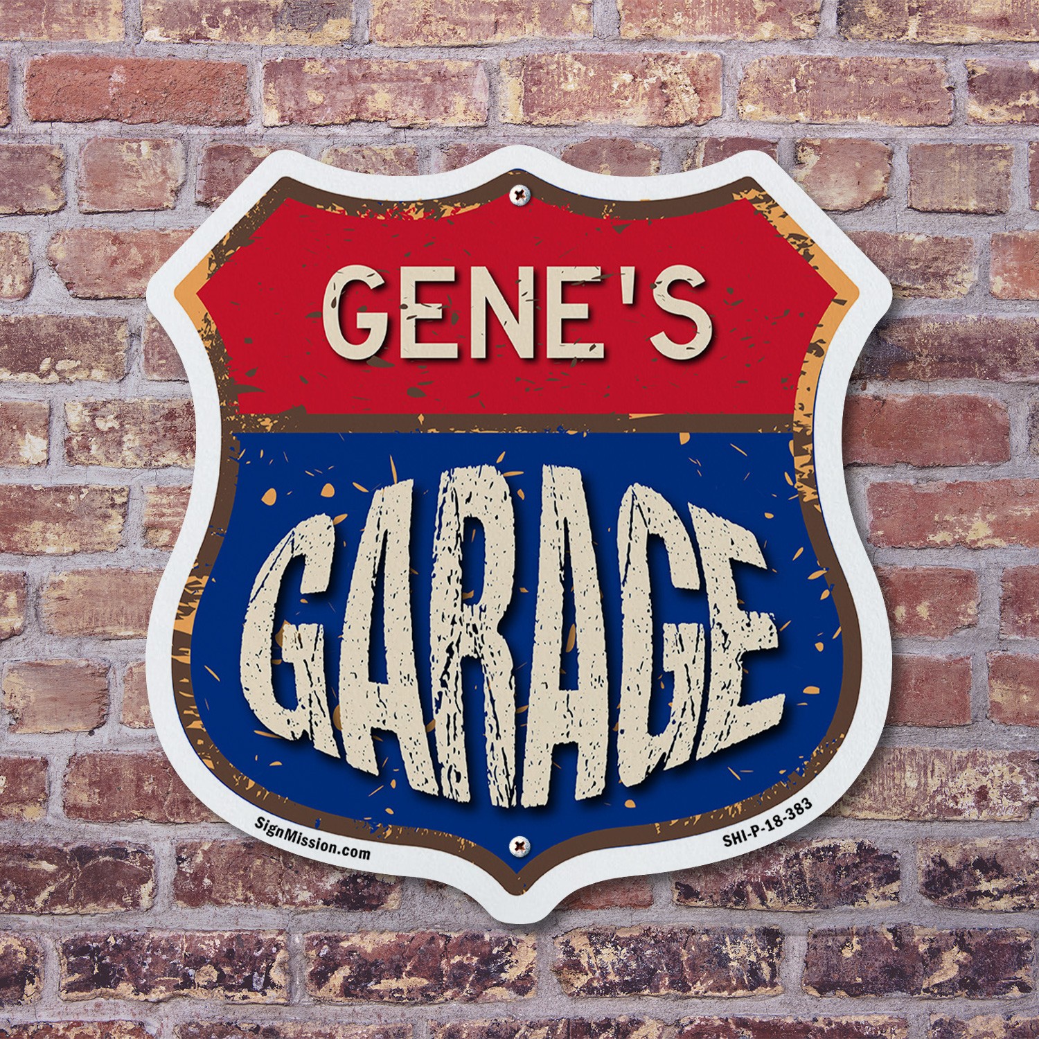 Gene&rsquo;s Garage Shield Shaped Sign Weather Resistant Crafted in the USA
