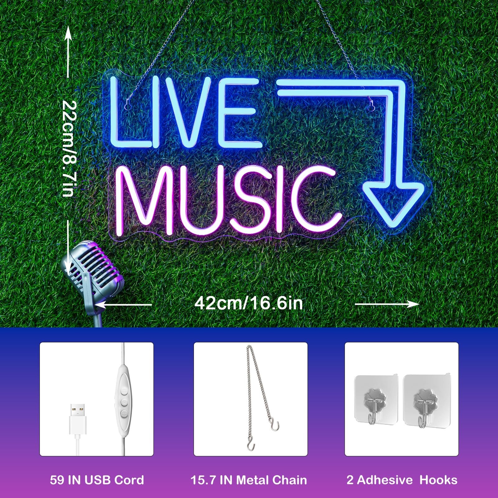 Live Music Neon Sign LED Neon Sign Large Blue and Pink Words for Music Studio…
