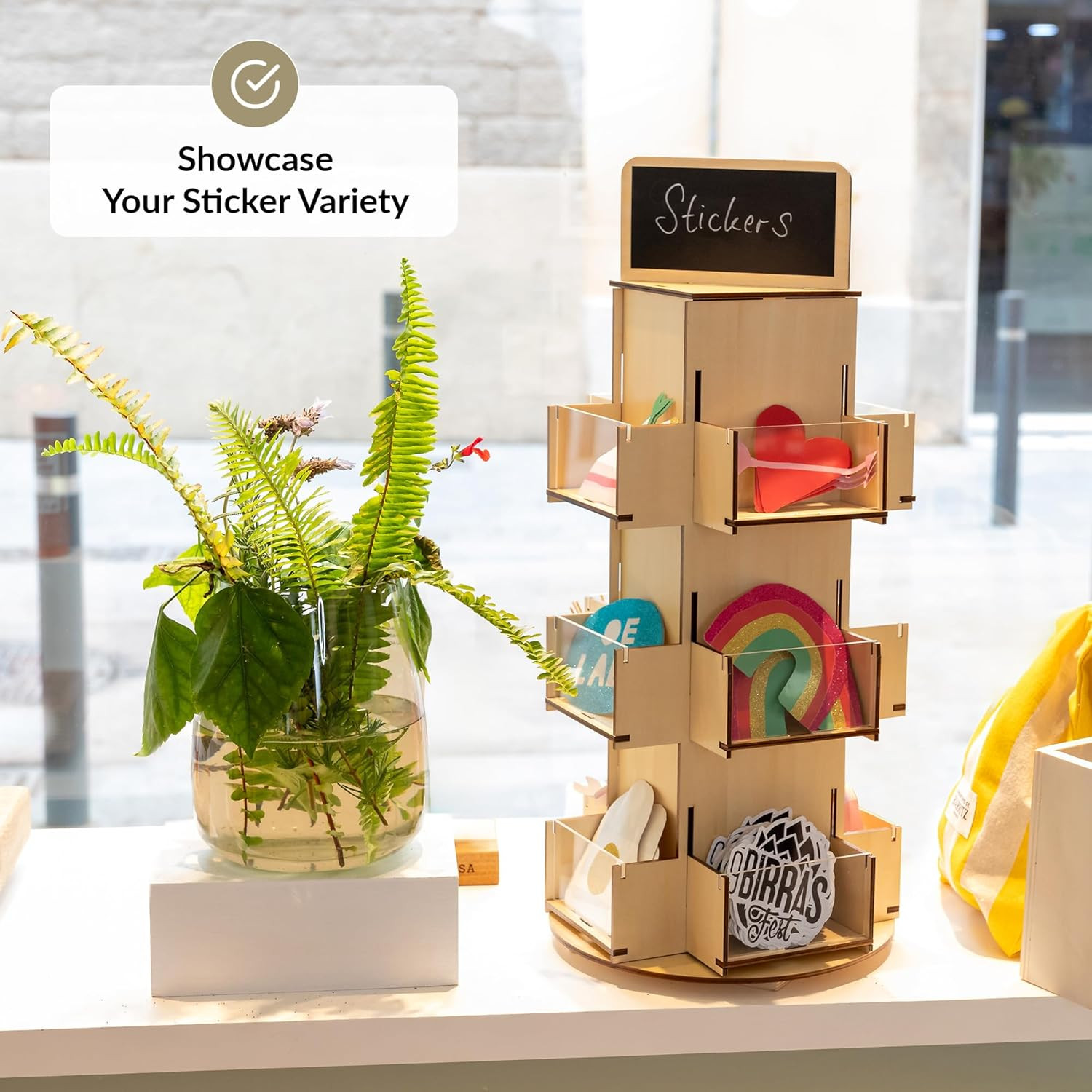 ODOXIA Sticker Display Stand | Tabletop Rotating Stand Wood | Sticker Display St