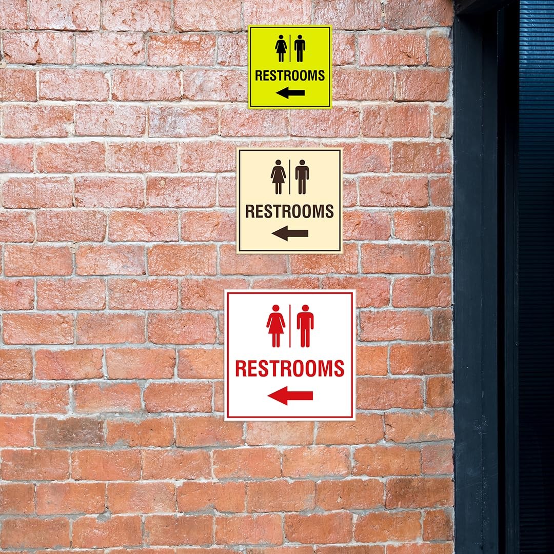 Black Square Restrooms Left Arrow Sign with Adhesive Tape Large 1 Pack