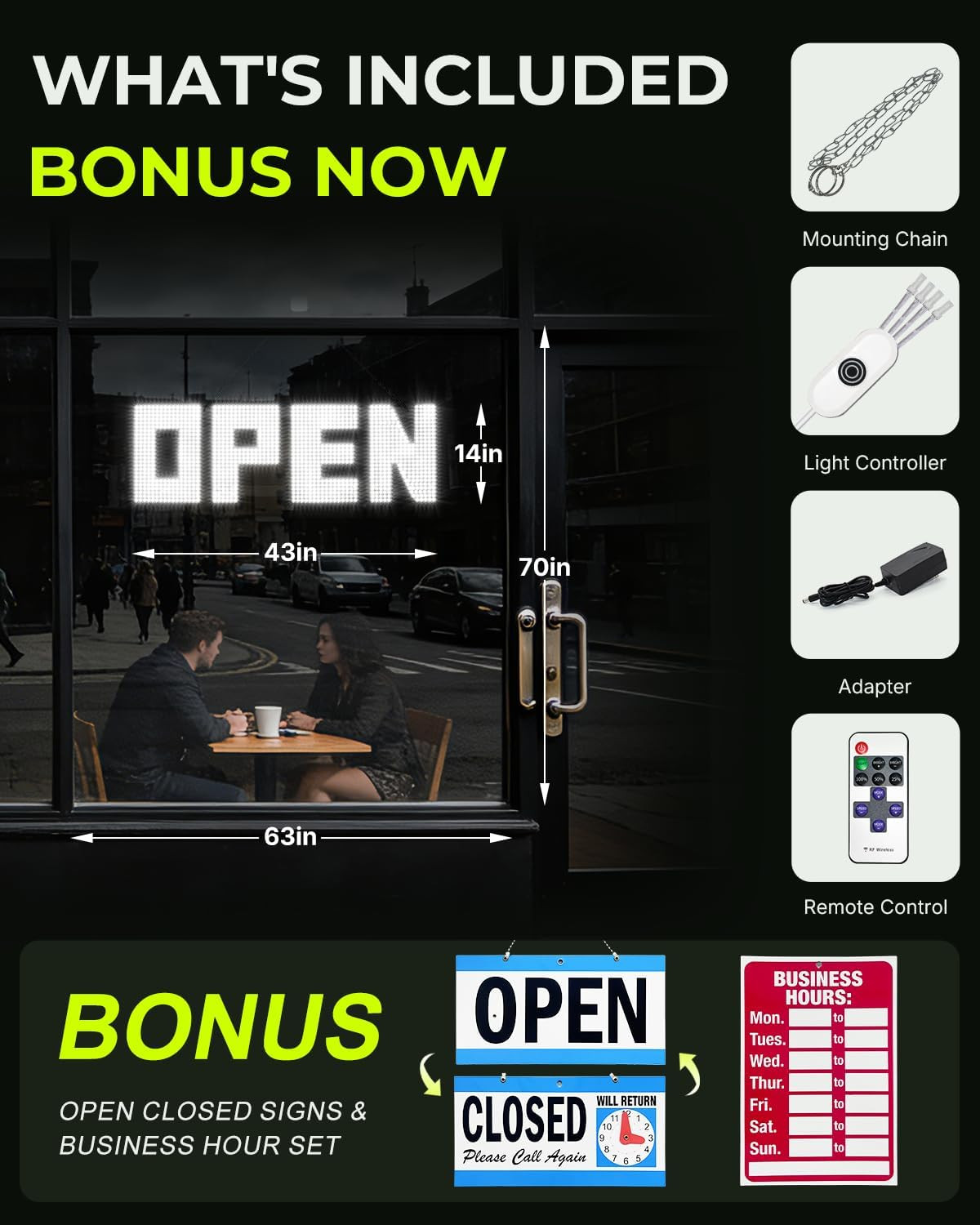 Large 43&Prime;x14&Prime; Dimmable LED Open Sign for Retail Shops & Cafes