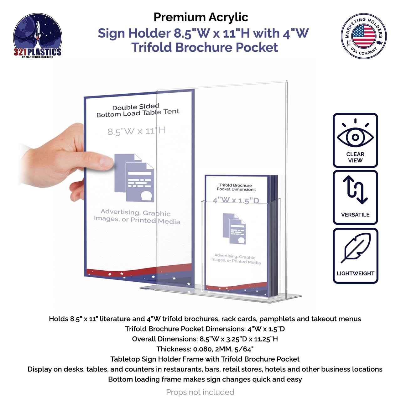 Marketing Holders Sign Holder for 8.5&Prime; x 8.5&Prime;w x 11&Prime;h with Tri Fold, Clear