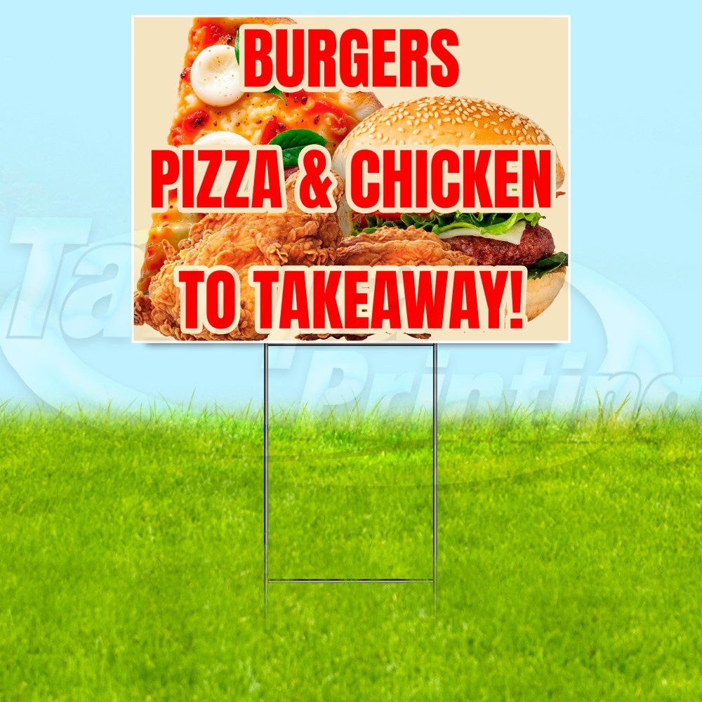 BURGERS PIZZA CHICKEN 18×24 Yard Sign Plastic Corrugated WITH STAKE USA YS07879