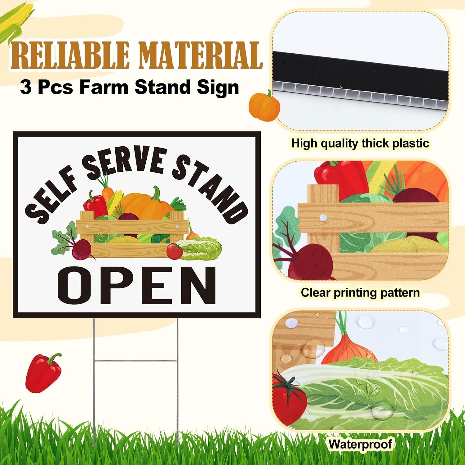 3 Piece Self Serve Stand Sign 16 x 12 Inch with Stakes Outdoor Display