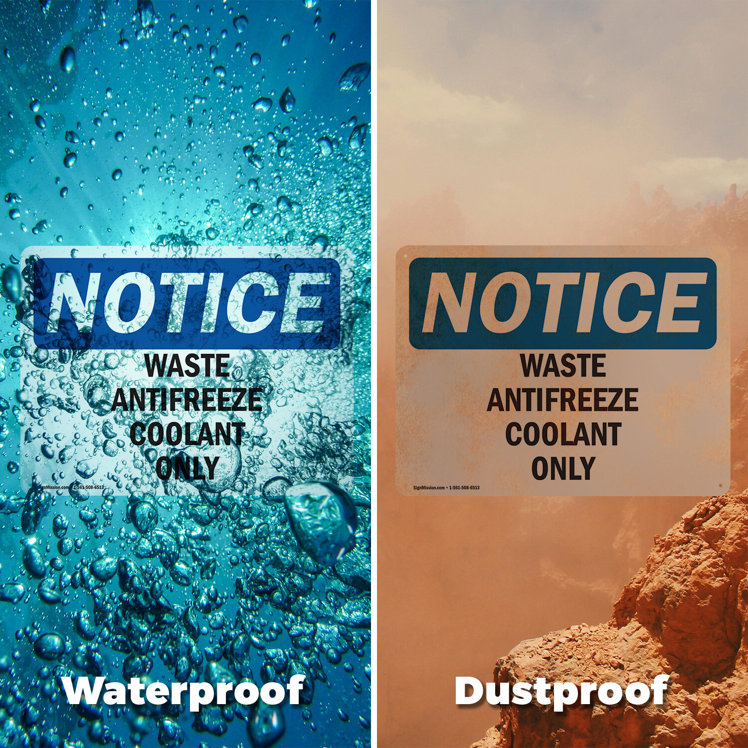(2 Pack) Waste Antifreeze Coolant Only OSHA Notice Sign Decal Metal Plastic