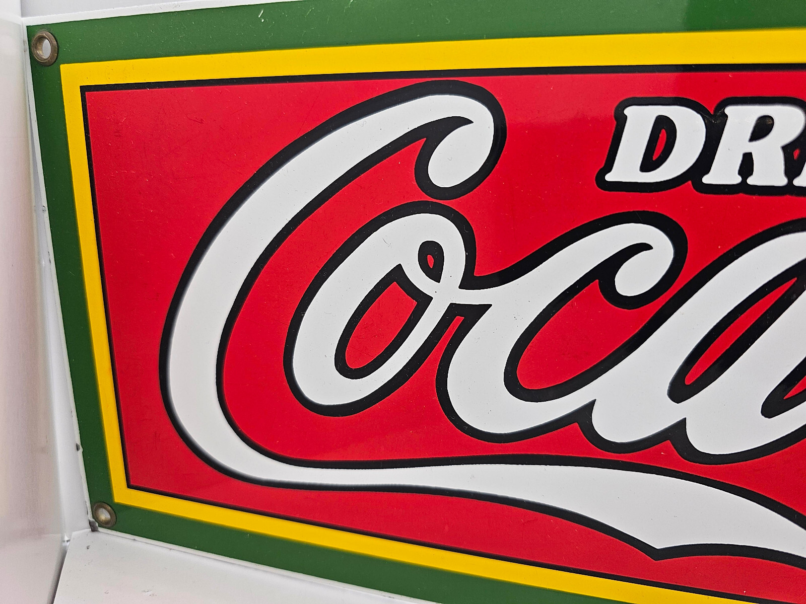 Vintage 1989 Coca Cola Porcelain Advertising Sign Classic Red & Green 18&Prime; x 6&Prime;