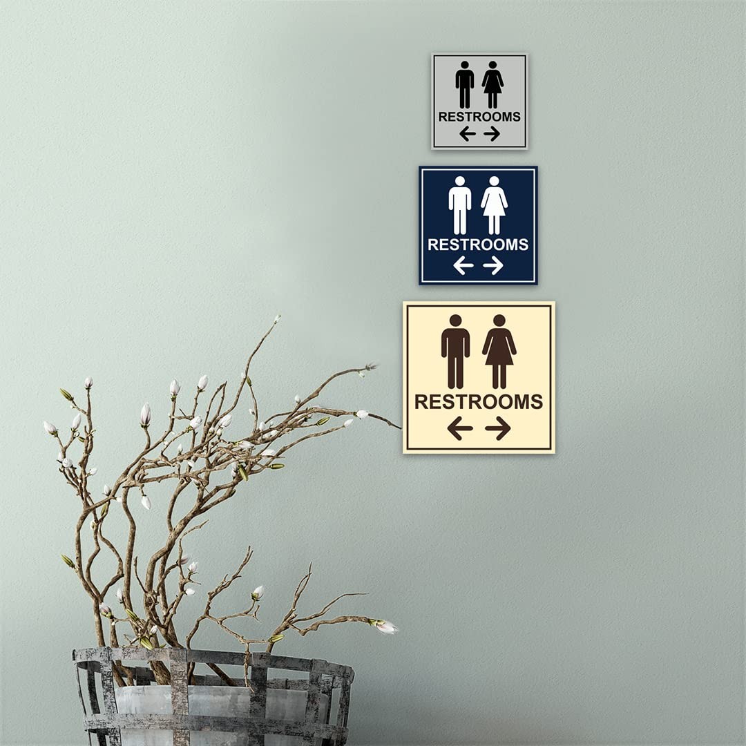 Large Square Restrooms Left Right Arrow Sign Brushed Silver Wall Door Mount