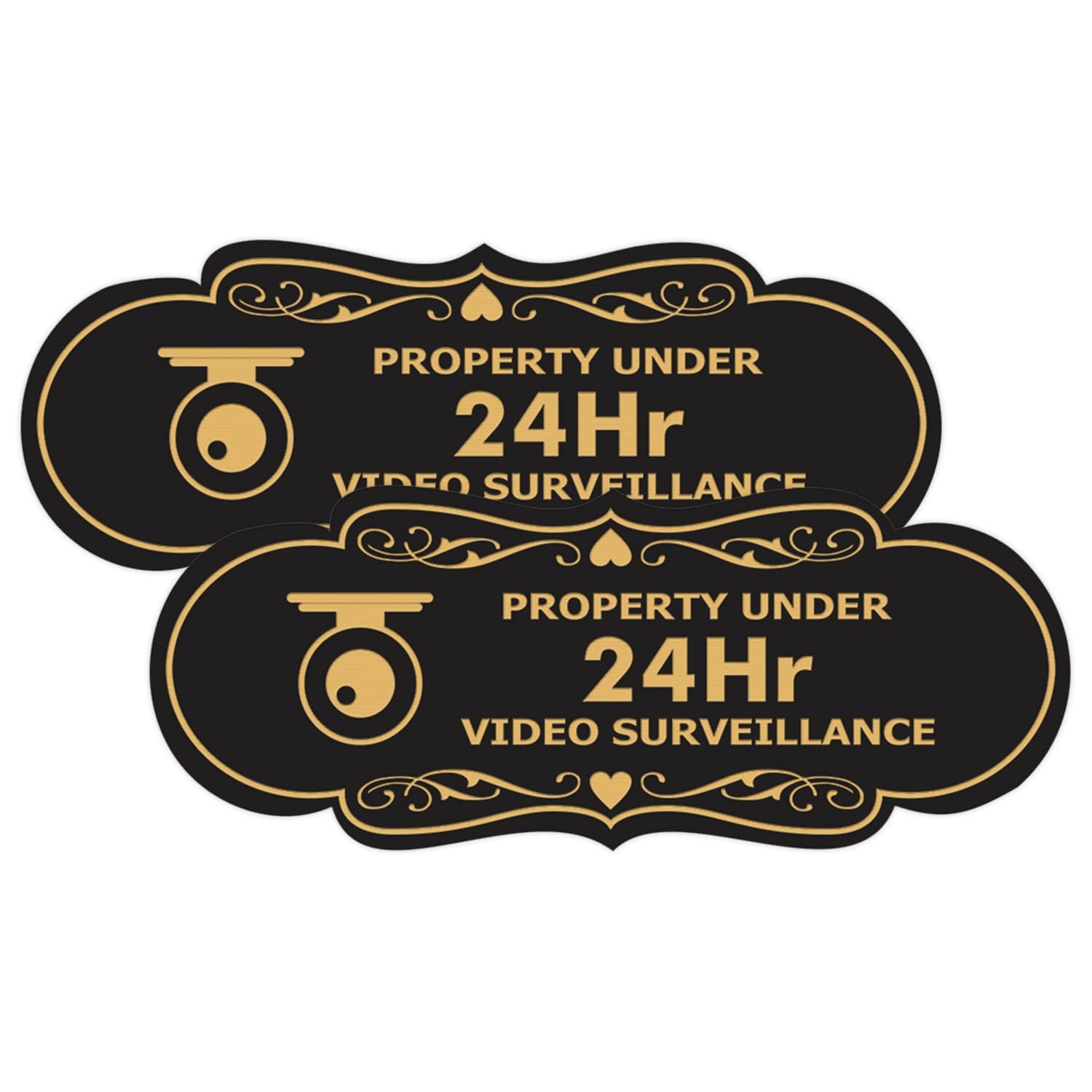 2 PCS Large Property Under 24Hr Video Surveillance Sign Black Gold