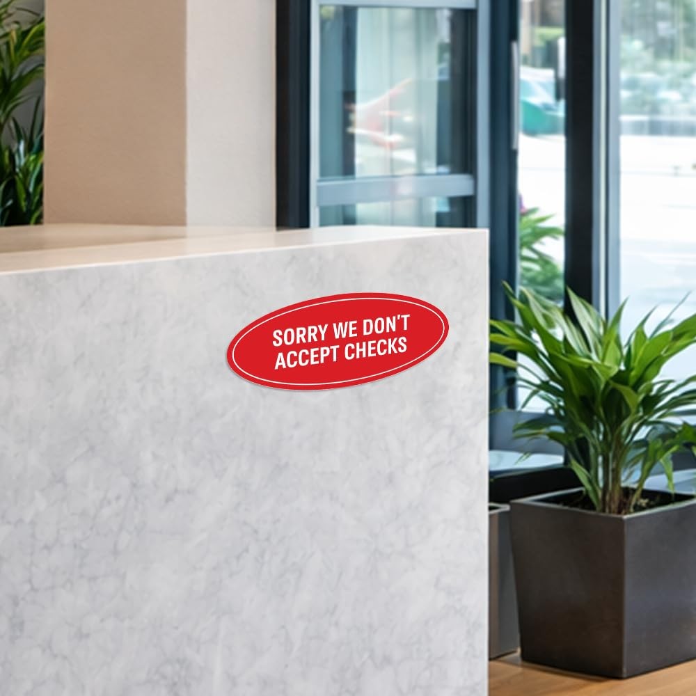 Oval Sorry We Dont Accept Checks Sign Brushed Silver Large Retail Store Wall