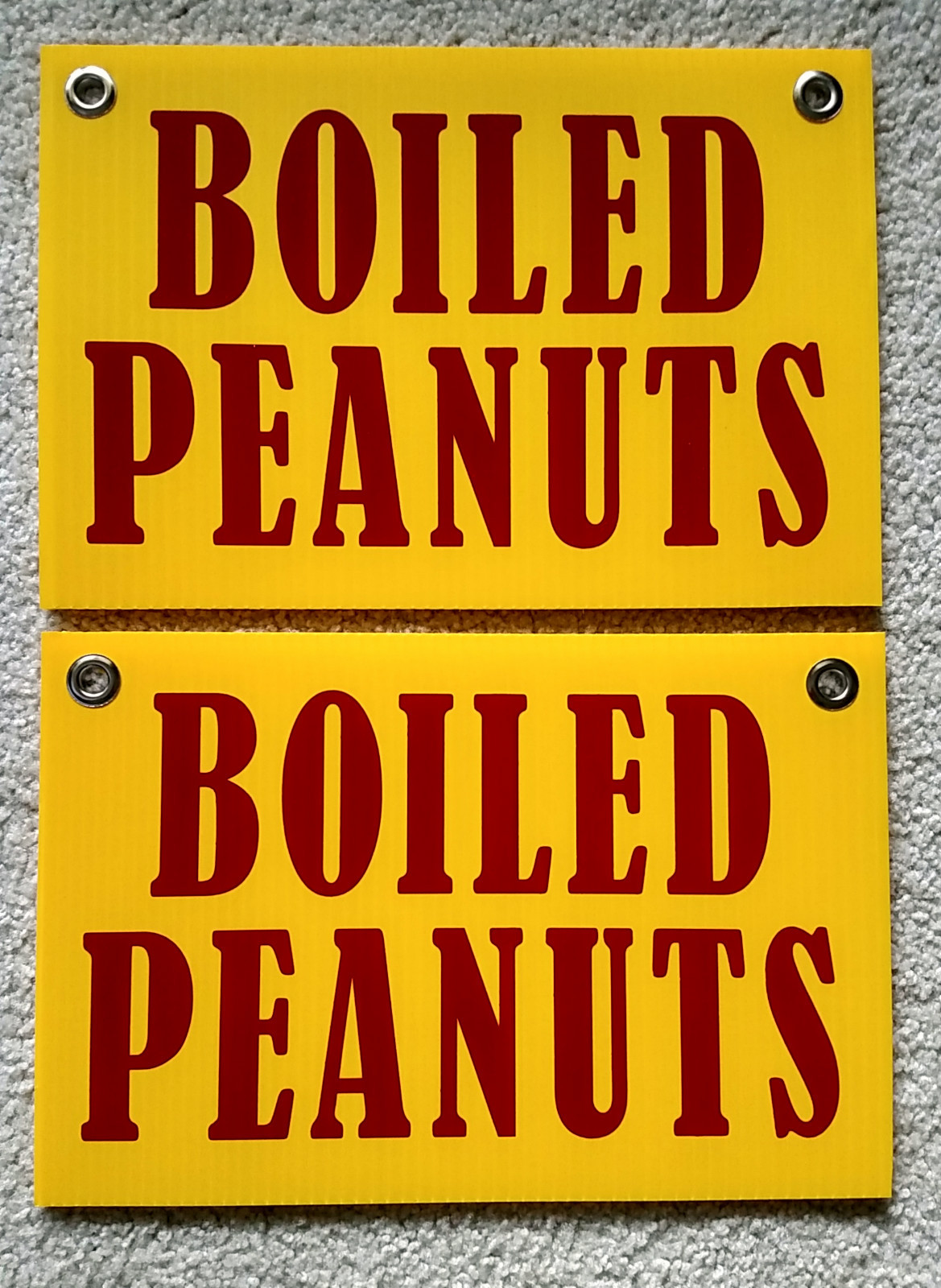 2 BOILED PEANUTS Coroplast SIGNS with Grommets 8&Prime; x 12&Prime; yellow FREE SHIPPING