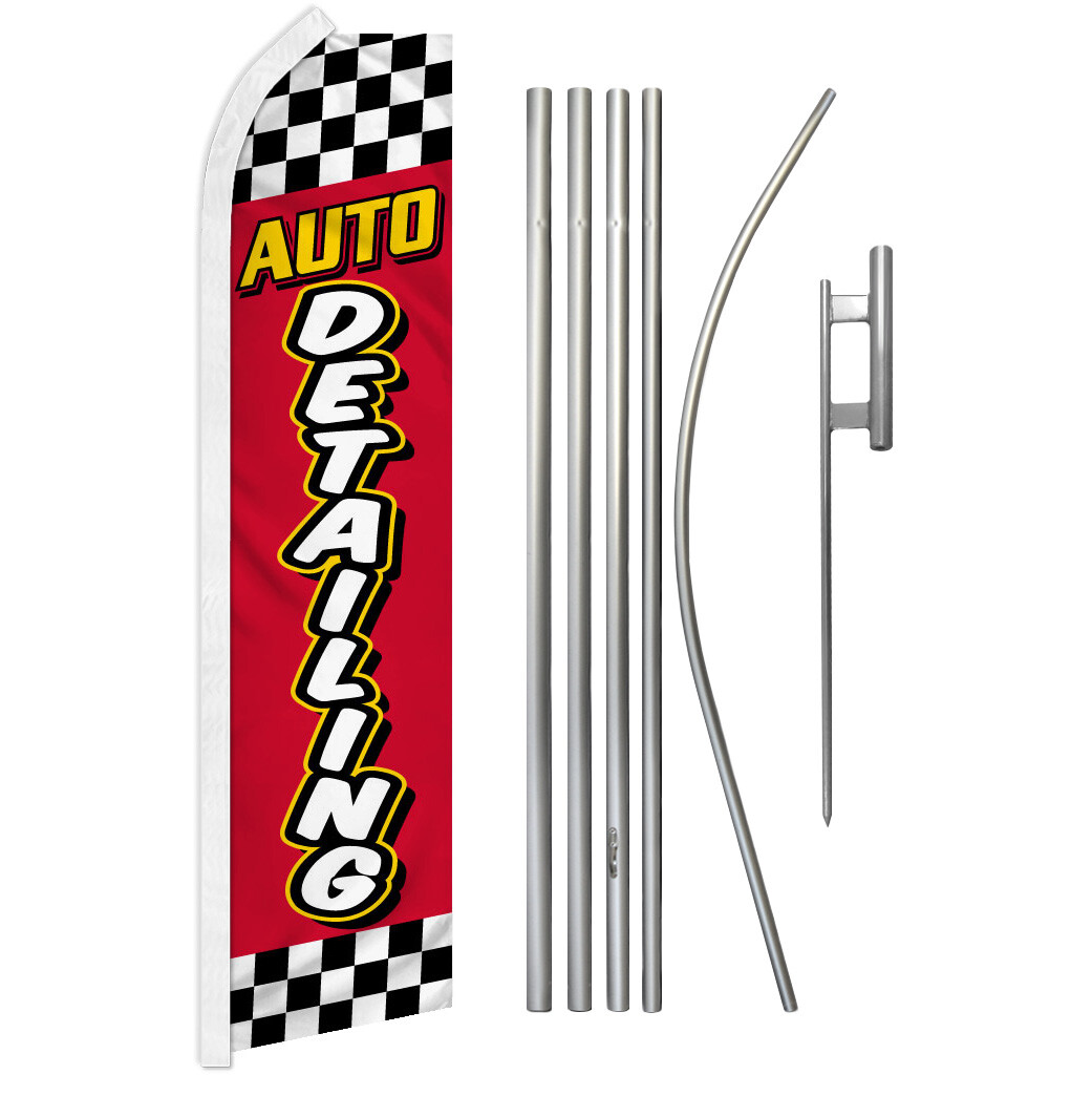 Auto Detailing Advertising Swooper Feather Flutter Flag & Pole Kit Service RED