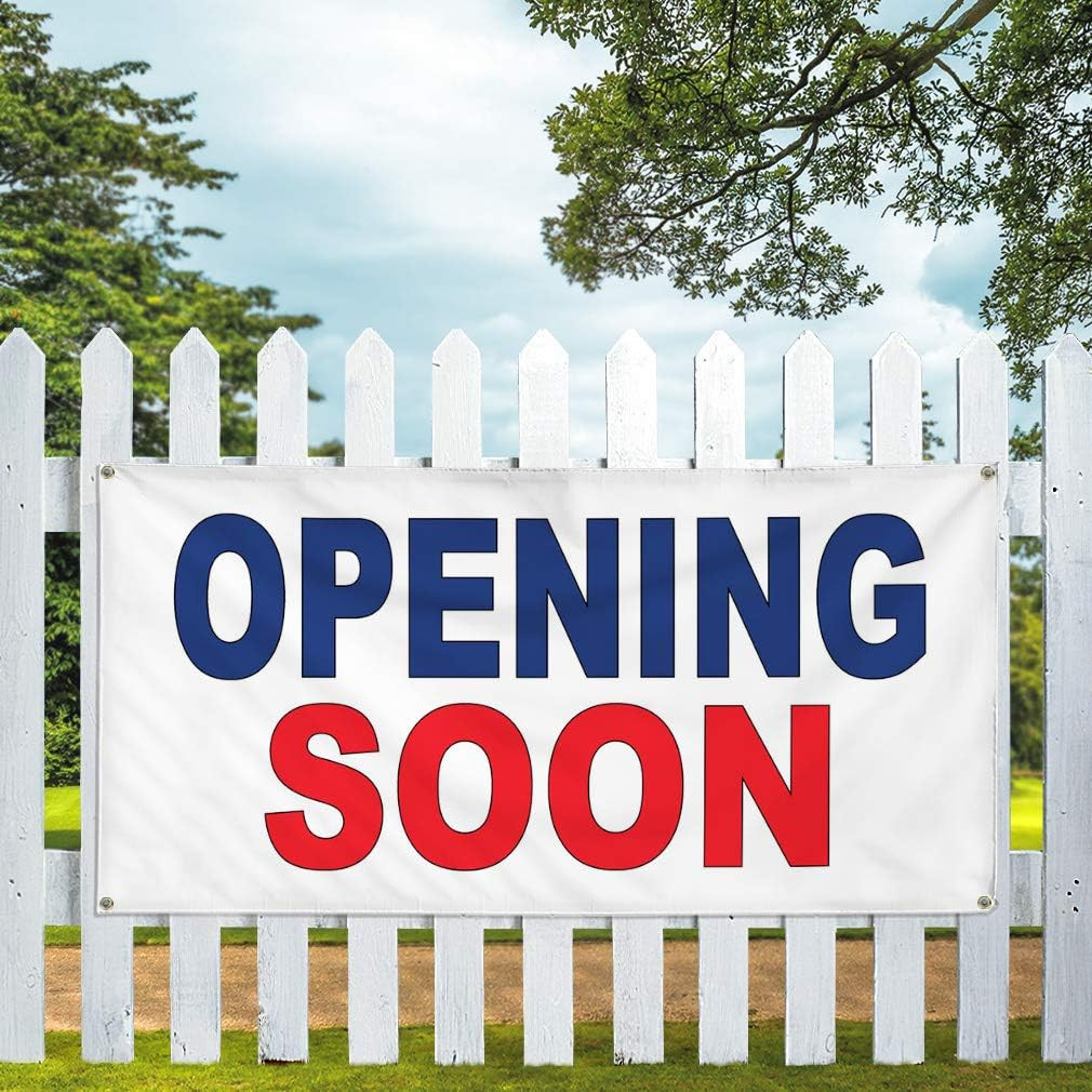 Vinyl Banner Multiple Sizes Opening Soon Blue Red B Business Outdoor Weatherproo