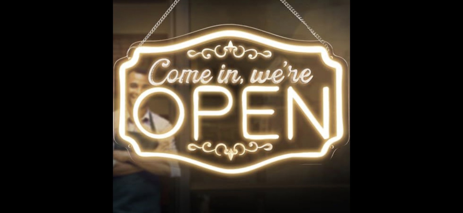 LED Lighted Hanging « Come In We&rsquo;re OPEN » Acrylic Door Sign White 17×11 in