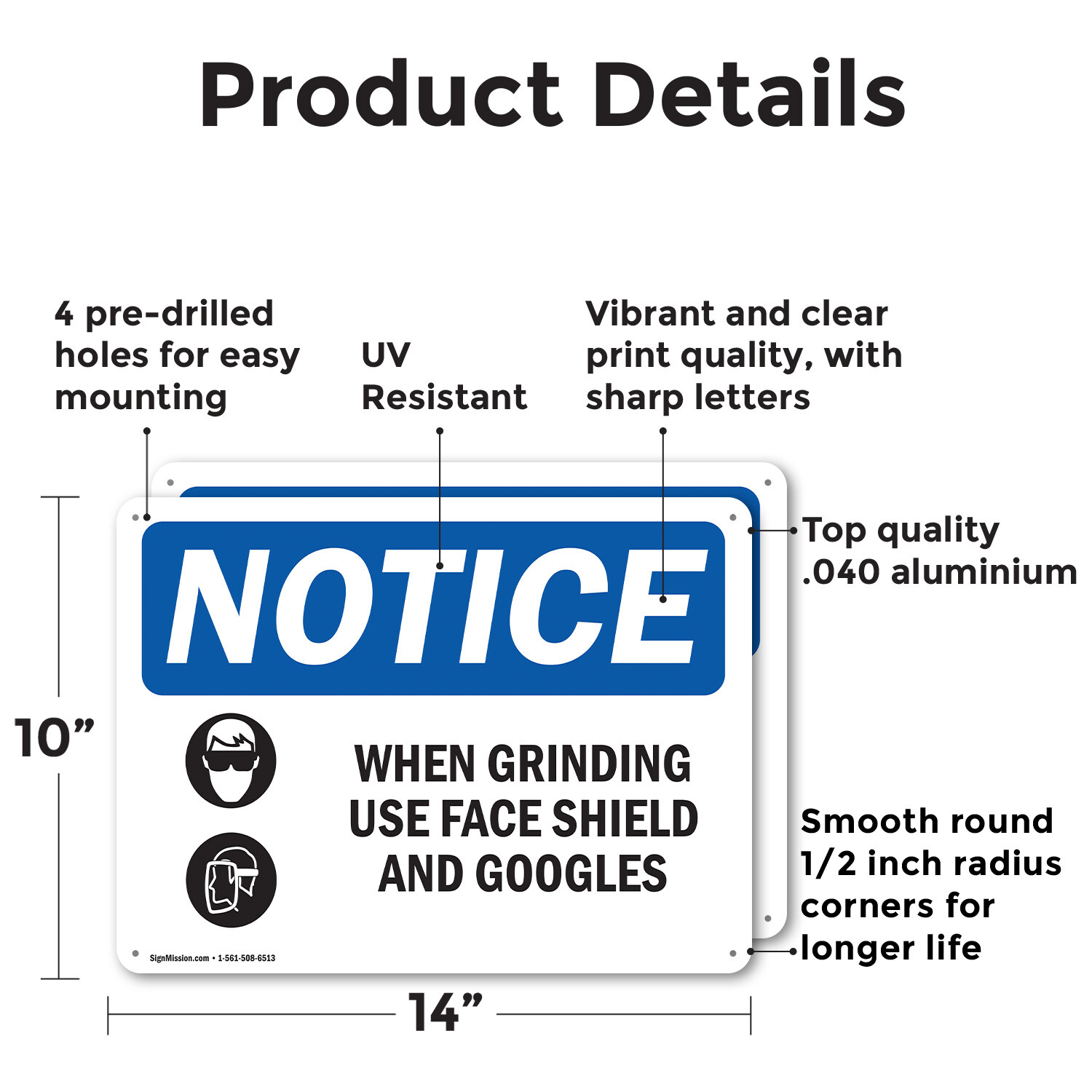 (2 Pack) When Grinding Use Face Shield OSHA Notice Sign Decal Metal Plastic