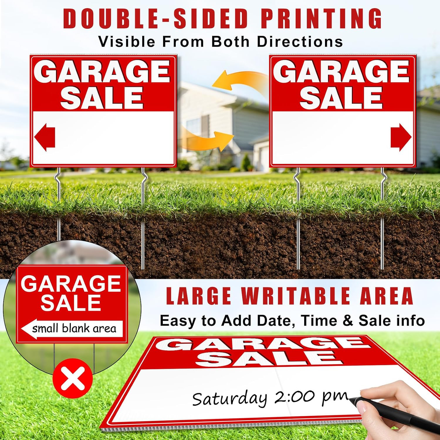 Garage Sale Signs 24&Prime; X 17&Prime;, 3Pcs Foldable Extra-Large Yard Sale Signs with Meta