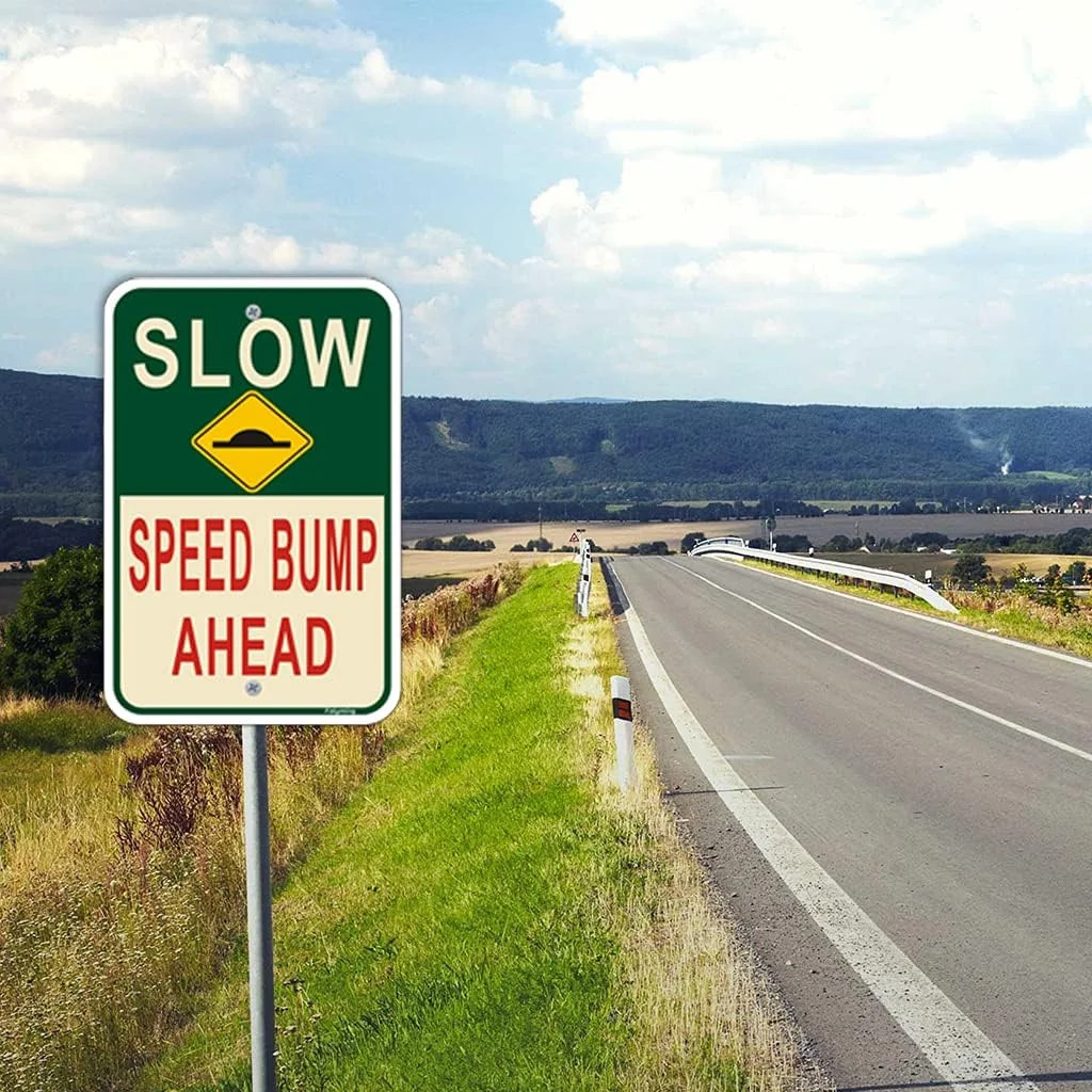 2 Pack Slow Speed Bump Ahead Signs, Slow Down With Speed Bump Emblem Sign 18 x 1