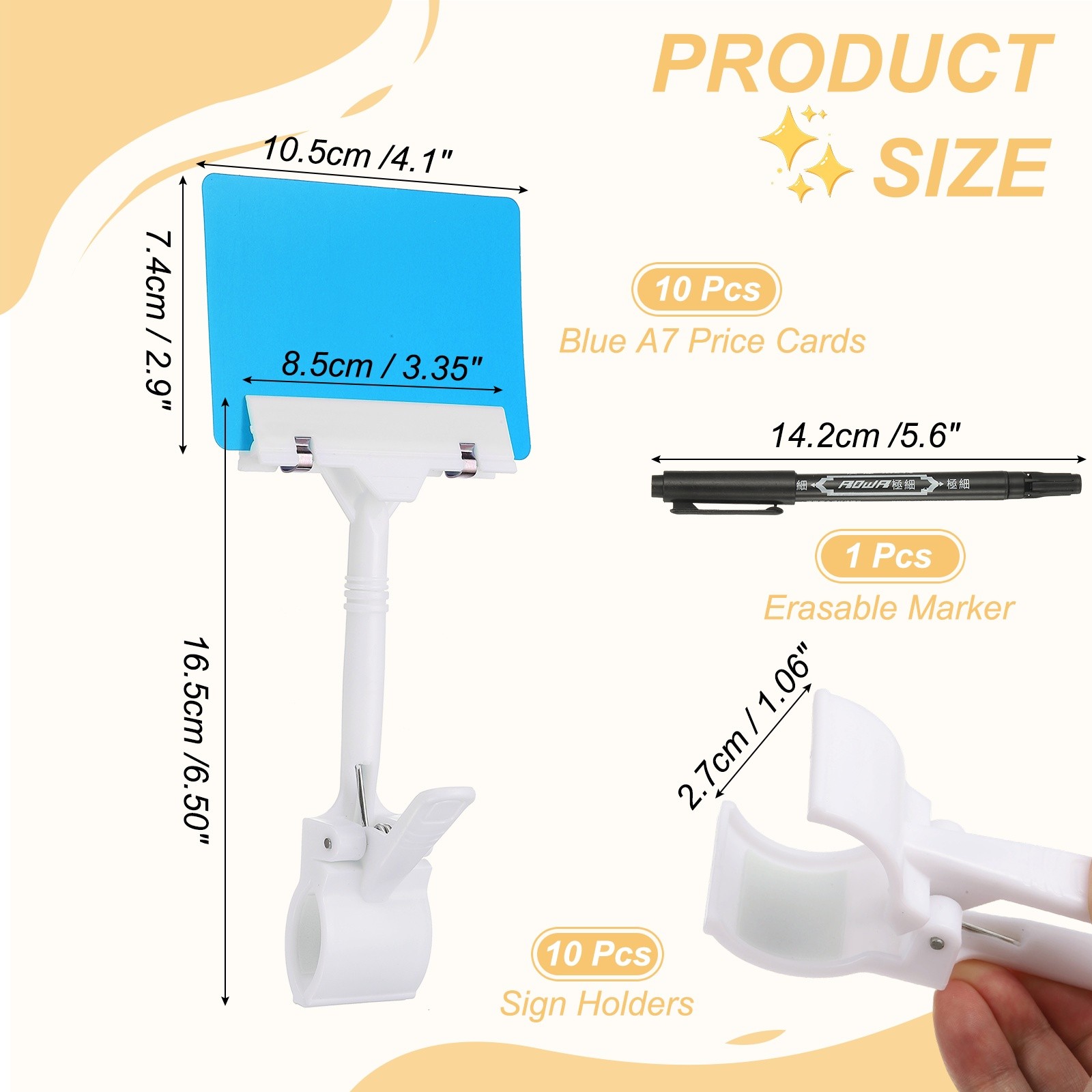 10 Pcs Sign Holders with Blue A7 Plastic Cards & Erasable Marker, White