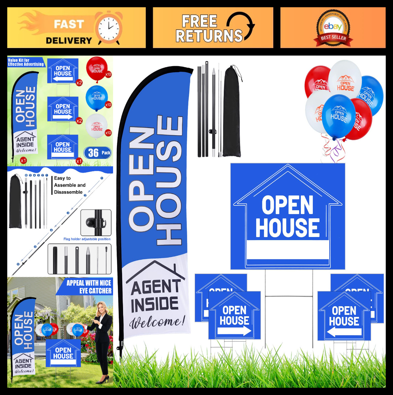 Open House Sign Set – 36 Pcs, Yard Flag Kit, Directional Arrows & Balloons