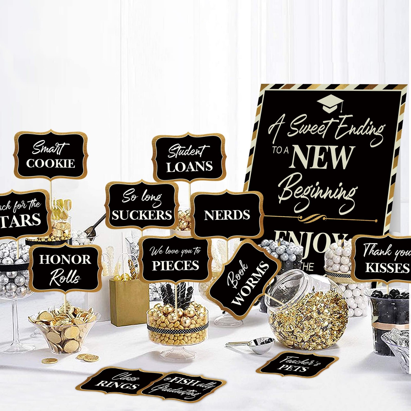Graduation Candy Buffet Signs Black Gold Party Bar Dessert Food Decoration