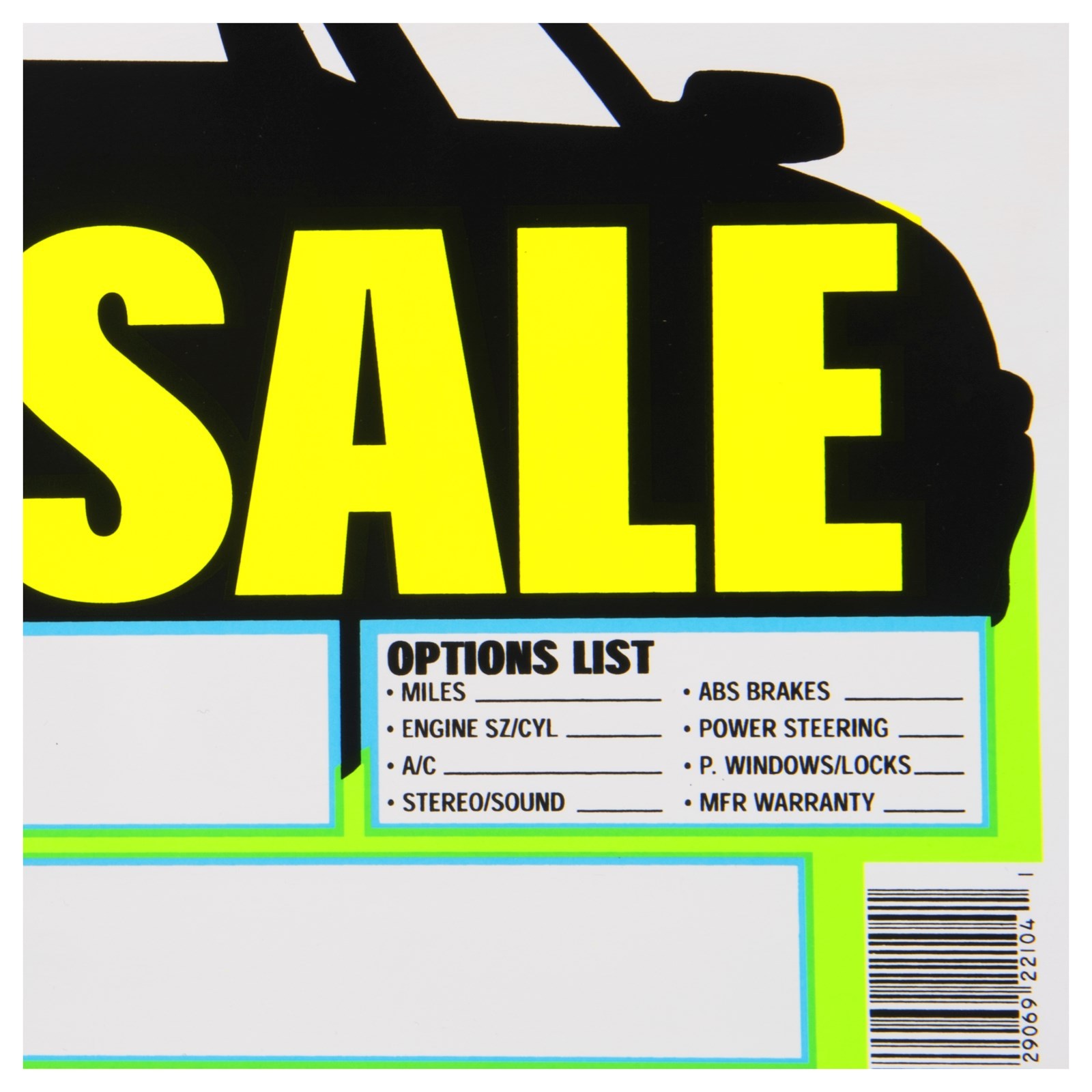 CAR FOR SALE Sign 9&Prime; x 14&Prime; Windshield window bRiGhT Yellow Plastic HY-KO 22104