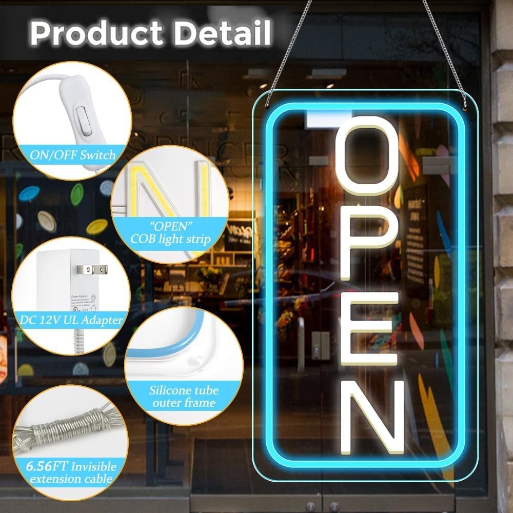 Large 23&Prime; LED Neon Open Sign, Ultra Bright Blue White, ON/OFF Switch, Bar Salon